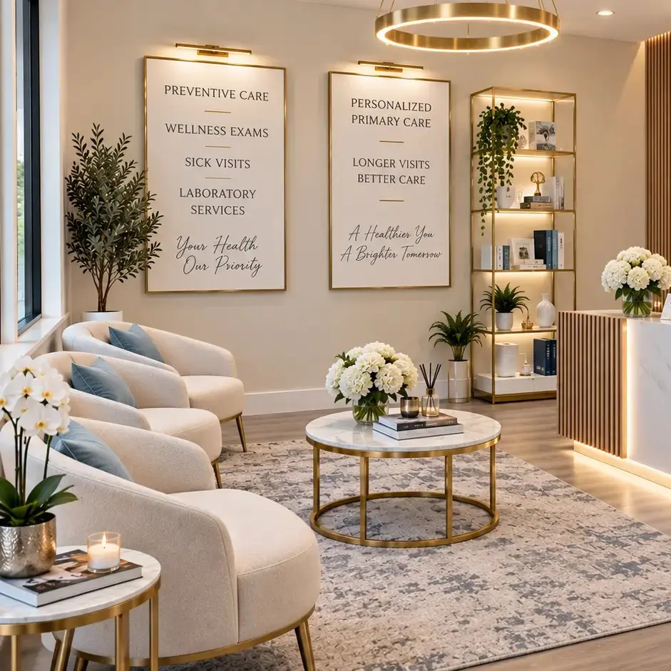 Sunlit boutique medical consultation lounge in Miami with cream bouclé armchairs and serene wellness atmosphere